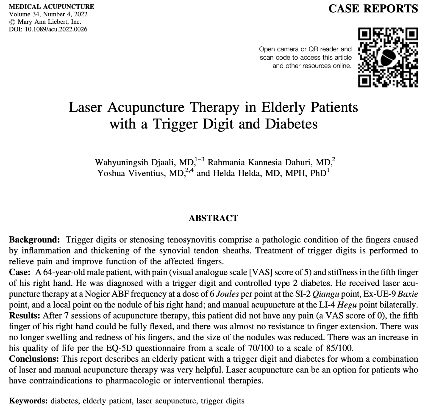Laser Acupuncture Therapy in Elderly Patients with a Trigger Digit and Diabetes - 